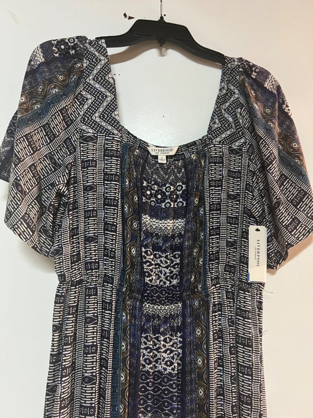 Liverpool Los Angeles Navy White Print Flutter Sleeve Maxi Dress S NWT